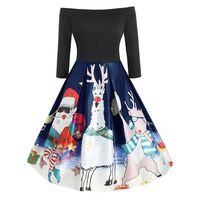 YOMXL Womens Christmas Off Shoulder Long Sleeve Dresses Santa Claus Elk Printed Vintage Dress Cocktail Party Dress(Navy,XXXXXL)