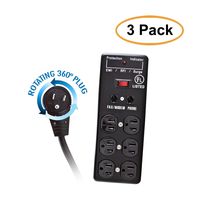 ACL 6 Feet Power Cable with 6 Outlet Surge Protector, Flat Rotating Plug, Metal, Commercial Grade, 1X3 MOV, EMI & RFI, Modem Protector, Black, 3 Pack
