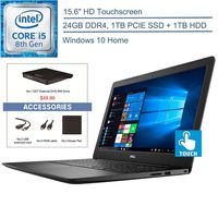 2020 Dell Inspiron 15.6" Touchscreen Laptop Computer, 8th Gen Intel Quad-Core i5-8265U (Beats i7-7500U), 24GB DDR4 RAM, 1TB PCIE SSD + 1TB HDD, AC WiFi, Windows 10, EST USB External DVD + Accessories