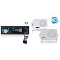 Pyle Marine Bluetooth Stereo Radio - 12v Single DIN Style Boat(Black) With 3-Way Weatherproof Outdoor Speaker Set - 3.5 Inch 200W Pair of Marine Grade Mount Speakers(White)