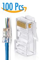 RJ45 Cat6 Pass Through Connectors Pack of 100 | EZ Crimp Connector UTP Network Plug for Unshielded Twisted Pair Solid Wire & Standard Cables | Transparent Passthrough Ethernet Insert