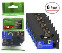 6/Pack LM Tapes - Premium 1" Gold Print on Black Label (24mm 0.94 Laminated) Compatible with Brother TZe-354 P-Touch Tape and Comes with a Great Tape Color/Size Guide for Easy reordering.
