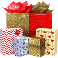 Fzopo Christmas Gift Bag Assortment, Heavy Duty Paper Gift Bags, Gold Foil, Red and Bule Holographic (Pack of 12 Extra Large, Medium, Small Bags for Wrapping Holiday Gifts)