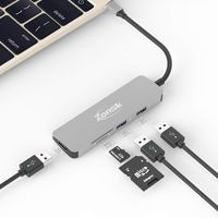 ZONSK USB-C to USB3.0 Multiport Adapter,USB TypeC to SD Card Reader,SD+MicroSD+3 USB3.0 Ports, 5 In 1 OTG USB Hub,Extend For Phone,PC,Laptop (Grey)