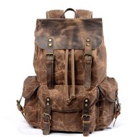 Mens Waxed Canvas Backpack Leather Rucksack Hiking Daypacks Computers Laptop Backpacks Unisex Casual Rucksack Satchel Bookbag Mountaineering Bag
