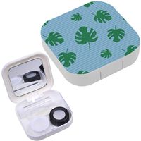 Portable Contact Lens Case Box Travel Kit Mirror + Bottle + Tweezers Container Holder [ Tropical Leaves ]