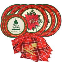 Christmas Floral Disposable Paper Dinnerware Set-Serves 20- Includes 10 Inch Poinsettia Paper Dinner Plates，Vintage Dessert Plates and Paper Napkins