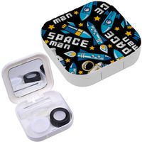 Portable Contact Lens Case Box Travel Kit Mirror + Bottle + Tweezers Container Holder [ Space Man Rockets ]