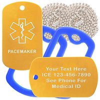 Custom 2 Pack - Pacemaker Medical Alert ID Necklaces with Gold Custom Tags, Blue Silencers, and 30'' USA Chains