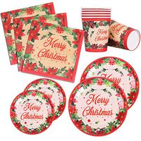 Christmas Party Supplies Disposable Dinnerware Set Serves 24 Christmas Flowers Dinner Paper Plates Napkins Cups Decoration, 120PCS (For Christmas)