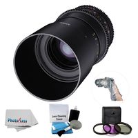 Rokinon 100mm T3.1 Telephoto Macro Cine DS Lens for Sony E-Mount Cameras, Manual Focus + 3 Piece Filter Kit & 5 Piece Cleaning Kit + Op/Tech Rainsleeve-Flash 14" + Clean Cloth