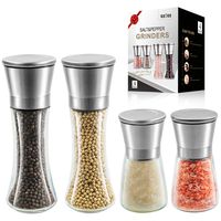 Salt and Pepper Grinder Set - 4 Pack 6OZ Stainless Steel Salt and Pepper Mills including 2 Tall 7.5" and 2 Short 5.3" Glass Salt or Pepper Shakers with Adjustable Coarseness