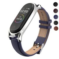 Mijobs Compatible Xiaomi Mi Band 3, Genuine Leather Replacement Strap Breathable Wristband with Metal Frame Bracelet Accessories for Xiaomi Mi Band 4 Smart Watch Bracelet Wristband (Blue)