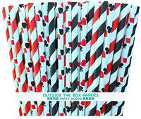 Outside the Box Papers Casino Night Theme Striped and Card Design Paper Straws 7.75 Inches Pack of 100 Black, White, Red