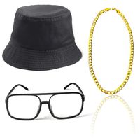 Beelittle 80s/90s Hip Hop Costume Old Style Cool Rapper Outfits - Bucket Hat Oversized Black Sunglasses Gold Plated Chain (A)