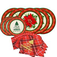 Christmas Flower Disposable Paper Dinnerware Set-Serves 50- Includes 10 Inch Poinsettia Paper Dinner Plates, Vintage Dessert Plates and Paper Napkins