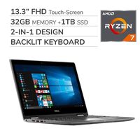Dell 2-in-1 2019 Premium 13.3'' FHD Touch-Screen Laptop Notebook Computer, 4-Core AMD Ryzen 7 2.2 GHz, 32GB RAM, 1TB Solid State Drive, Backlit Keyboard, Wi-Fi, Bluetooth,Webcam, HDMI,No DVD,Win 10
