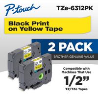 Brother Genuine P-Touch, TZe-6312Pk Tape ½" (12mm) 2-Pack Laminated P-Touch Tape, Black On Yellow Perfect for Indoor Or Outdoor Use, Water Resistant, 26.2 Ft. (8M)