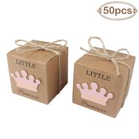 AerWo 50pcs Little Princess Baby Shower Favor Boxes + 50pcs Twine Bow, Rustic Kraft Paper Candy Bag Gift Box for Baby Shower Party Supplies Cute 1st Birthday Girl Decoration, Pink