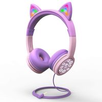 FosPower Kids Headphones with LED Light Up Cat Ears 3.5mm On Ear Audio Headphones for Kids with Laced Tangle Free Cable (Max 85dB) - Baby Pink/Lavender