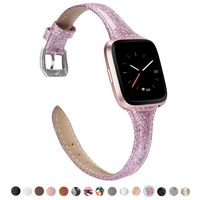 TOYOUTHS Leather Strap Compatible with Fitbit Versa/Versa 2 Bands for Women Men Slim Glitter Genuine Leather Wristbands Replacement for Versa Lite Edition/Versa SE Classic Accessorie Glitter Rose Pink