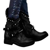 Dainzuy Womens Ankle Buckle Booties Wrap Straps Chunky Block Motorcycle Boots Side Zipper Low Heel Western Boots Black