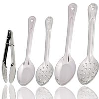 Serving Basting Spoons and Tongs Heavy Gauge Stainless Steel, Set of 5 - 15" & 11" Perforated Spoon + 15" & 11" Solid Spoon + 9" Serving Tongs