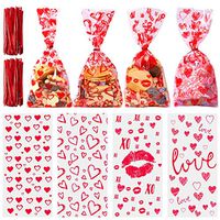 Aneco 100 Pack Valentine Cellophane Bags Valentine's Day Candy Cookie Bags 4 Styles Valentine Gift Bags Plastic Clear Cellophane Bags with Twist Ties for Valentine Party Favor Supplies