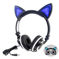 Cat Ear Headphones, Over Ear Wired Kids Earphone with Foldable LED Light Flashing Compatible for iPad,Tablet,Computer,iPhone,Android Mobile Phone (Black-White)