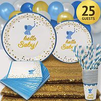 Blue and Gold Baby Shower Plates and Napkins Boy Party Supplies with Elephant Design Hello Baby and Decoration Set Includes Paper Plate Cup Straw Napkin Balloon Table Runner for 25 Guests