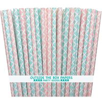 Outside the Box Papers Damask Paper Straws 7.75 Inches 100 Pack Light Blue, Pink, White