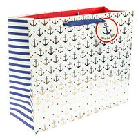 Graphique Gold Anchor Large Gift Bag - Embellished Gold Foil Anchor Pattern on White Background, Grosgrain Navy Blue Ribbon Handles and Coordinating Gift Tag, 12.5" x 10.5"