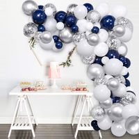 Silver Blue Balloons Garland Kit, 120 pcs Navy Blue and Silver Confetti White Balloons Arch with 16ft Tape Strip & Dot Glue for Party Wedding Birthday DIY Decoration