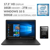 HP 2020 Premium 17.3" HD Laptop, 4 Core Intel i5-8265U 1.60 GHz, 16GB RAM,2TB SSD, DVD, Wi-Fi, Bluetooth, Webcam, HDMI, Windows 10 S,500GB USB 3.0 External HDD