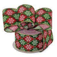 Christmas Harlequin Diamonds Wired Ribbon - 2 1/2" x 10 Yards, White Snowflakes, Red, Green, Gold Edges, Argyle, Gift Wrapping, Wreath Decoration, Garland, Tree Topper Bow Decor, Boxing Day
