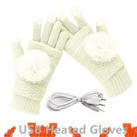 Women's & Men's USB Heated Gloves Mitten Winter Hands Warm Laptop Gloves, Pom Pom Knitting Hands Full & Half Heated Fingerless Heating Warmer Washable Design (White)