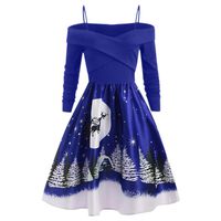 iNoDoZ Women Elegant Christmas Day Long Sleeve Print Dress Plus Size Party Dress Blue