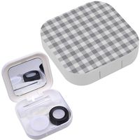 Portable Contact Lens Case Box Travel Kit Mirror + Bottle + Tweezers Container Holder [ Grey Gingham Fabric Textile ]