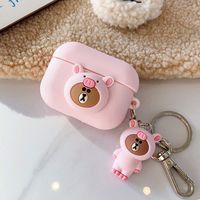 UR Sunshine AirPods Pro Case, Super Cute One-Piece Wearing Pig Hat Bear Decoration Surface Case, Soft Silicone Cover Earphone Protection Skin for AirPods Pro +Bear Pendant Keychain -Pink