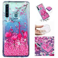 Liquid Glitter Case for Samsung Galaxy A9 2018,Aoucase Cartoon Pattern Luxury 3D Diamond Sparkle Quicksand Shockproof Anti-Scratch Soft Bumper Case with Black Dual-use Stylus,Flamingo Flower