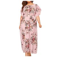 Sakoid Womens Floral Print Plus Size Dress Retro O-Neck Short Sleeve Gowns Girls Casual High Waist Bandage Dress(Pink,XXXXXL)