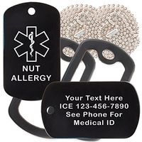 Custom 2 Pack - Nut Allergy Medical Alert ID Necklaces with Black Custom Tags, Black Silencers, and 30'' USA Chains