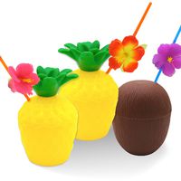 FuturePlusX Tropical Pineapple Coconut Drink Cups, 3PCS Plastic Hawaii Party Cups with Straws for Hawaiian Luau Party Children Summer Beach Party