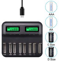 LCD Display Universal Battery Charger,8 Bay Smart Charger for Rechargeable Batteries Ni-MH/Ni-Cd A AA AAA SC C D Batteries with USB Port Type c and Overcharge Prevention Function (No Adapter)