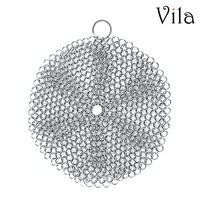 Vila Cast Iron Cleaner, 7 Inches Round Stainless Steel Brush, Cleans Cookware Like New with No Scratches or Residue, Lightweight, Flexible and Rust-Proof Utensil Scrubber, for Pots, Pans and More