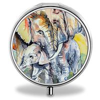 Elephant Fmily Pill Case, Round Stainless Drug Organizer Container Medicine Cover for Pocket Daily&Weekly