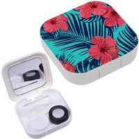 Portable Contact Lens Case Box Travel Kit Mirror + Bottle + Tweezers Container Holder [ Tropical Flowers Palm Leaves On ]
