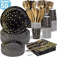 Black and Gold Party Supplies - 350 PCS Disposable Dinnerware Set - Black Paper Plates Napkins Cups, Gold Plastic Forks Knives Spoons for Birthday Graduation Christmas 2020 New Years Eve Party