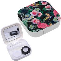 Portable Contact Lens Case Box Travel Kit Mirror + Bottle + Tweezers Container Holder [ Tropical Flowers Palm Leaves Jungle ]