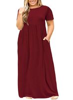 Nemidor Women Short Sleeve Loose Plain Casual Plus Size Long Maxi Dress with Pockets (Wine Red, 16W)